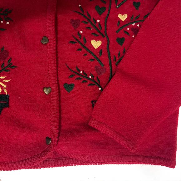 TALBOTS VTG 100% Wool Embroidered Hearts Birds Apple Beaded Cardigan Size L - Picture 13 of 15